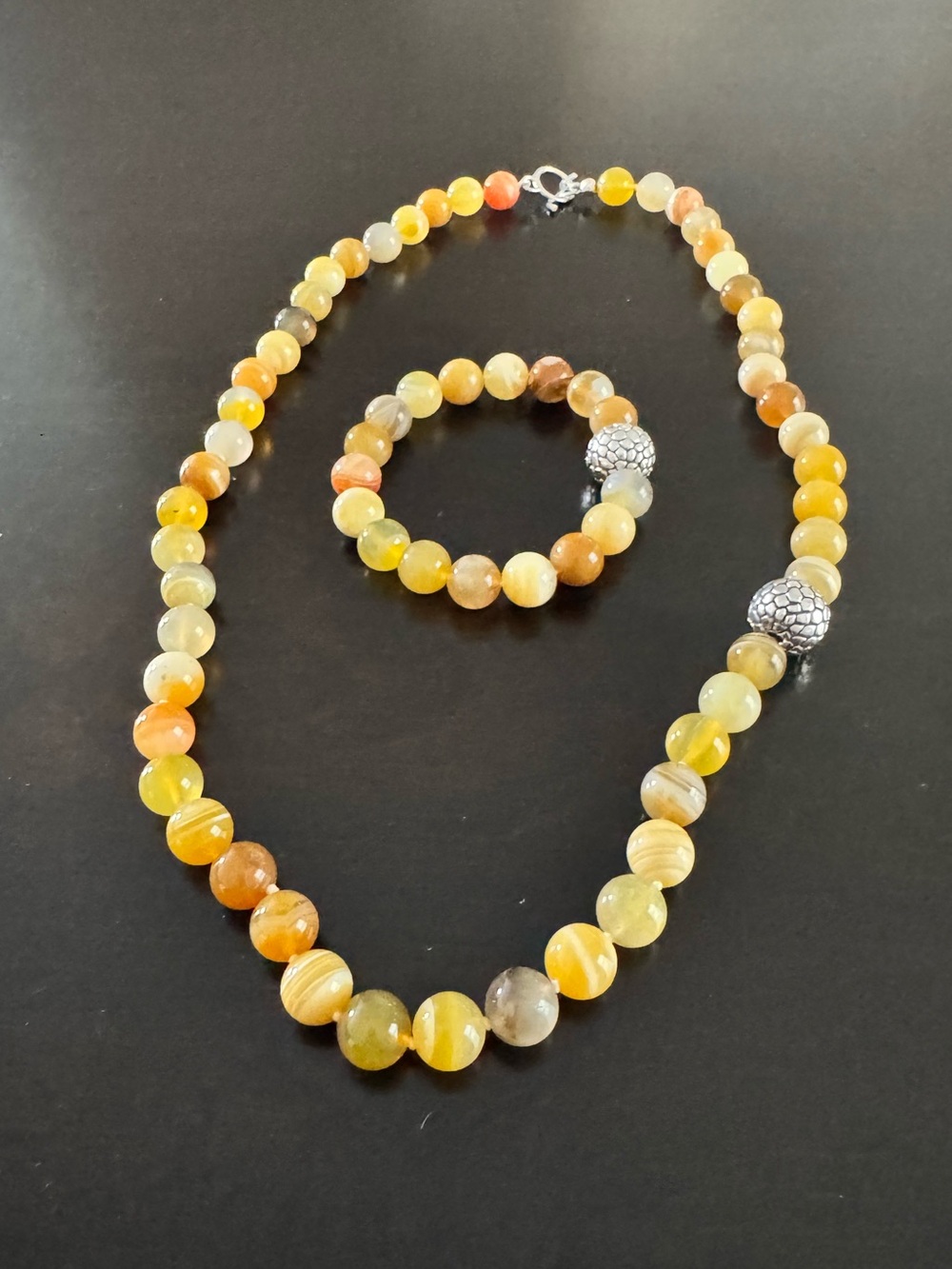 Yellow Agate Sterling Silver Bead Necklace and Bracelet Set